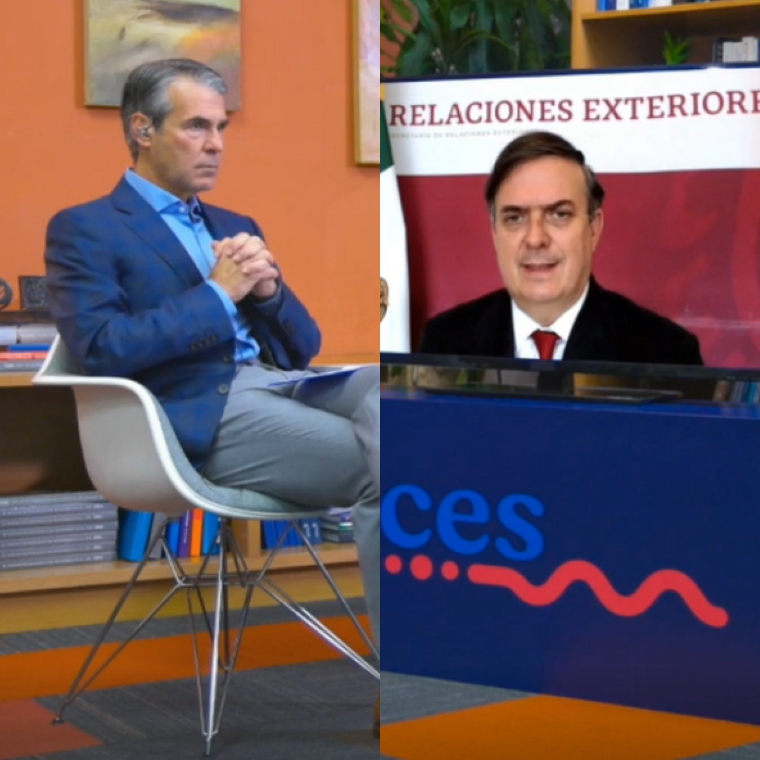 Dr. Guillermo Torre, rector de TecSalud y Vicepresidente de Investigación del Tecnológico de Monterrey, y el Canciller Marcelo Ebrard, secretario de Relaciones Exteriores de México, en el primer capítulo de "Voces de la Salud".